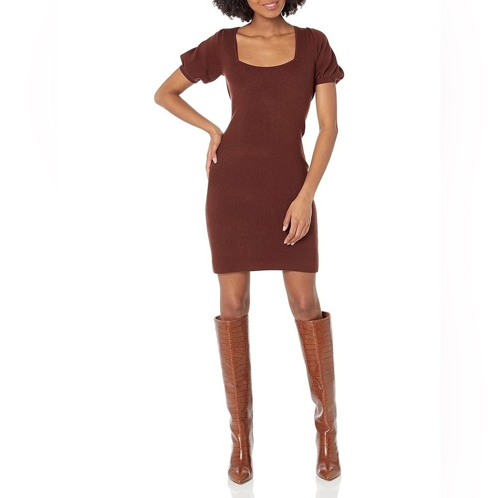 NWT FRENCH CONNECTION Chocolate Ribbed Puff Sleeve Dress (M)
